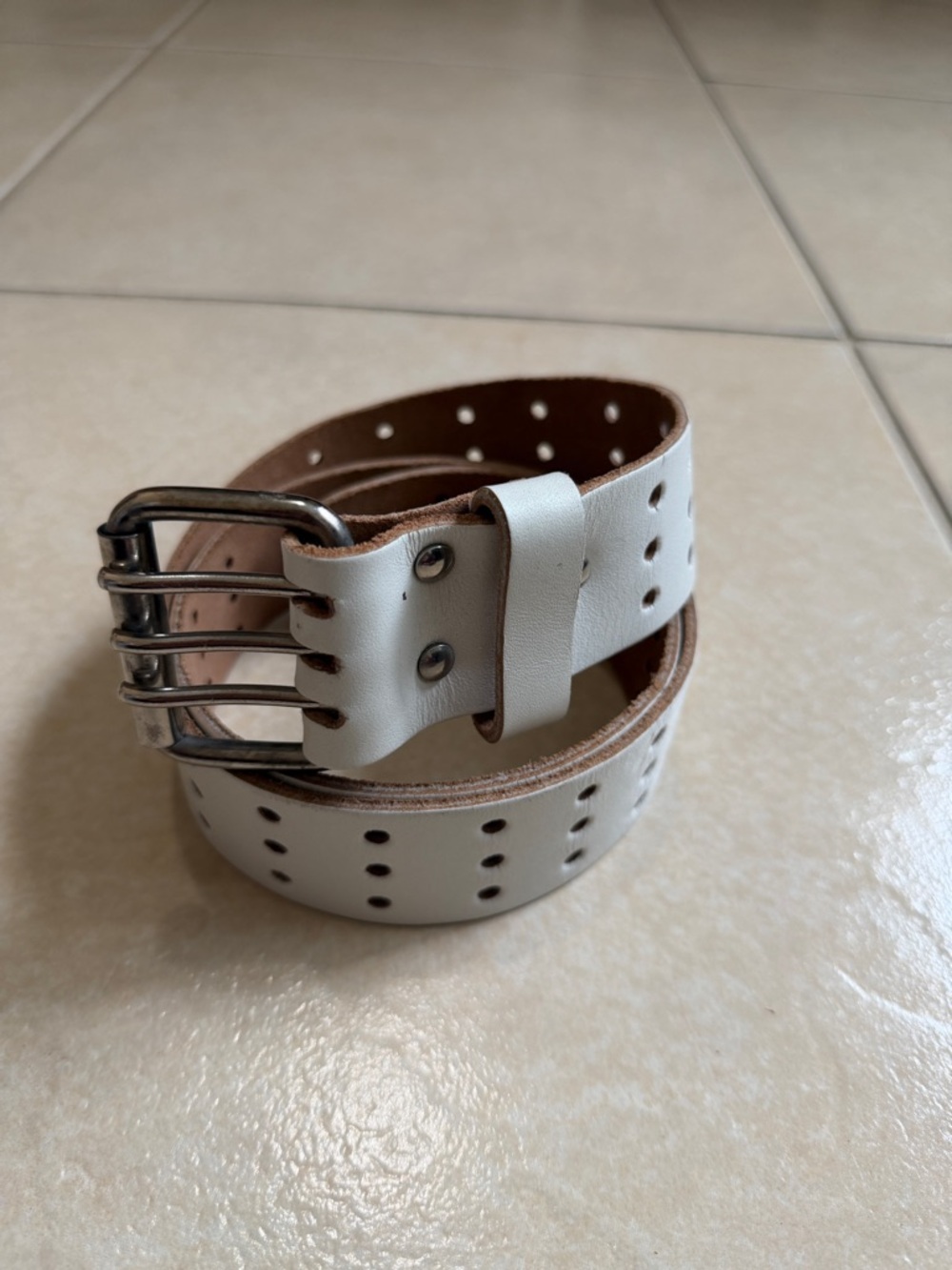 Twin Roller Buckle Casual Jean Punk Belt Genuine Full Leather Belt Off White OS